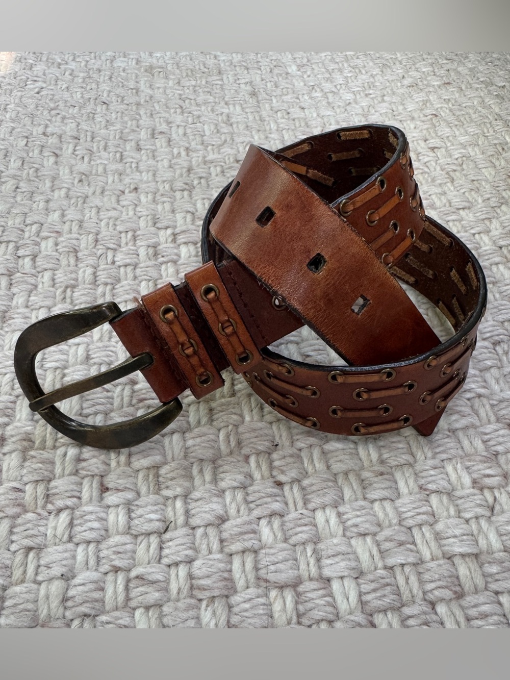 Women’s Genuine Leather Wide Belt Brass Buckle Lace Up Grommet Boho Western